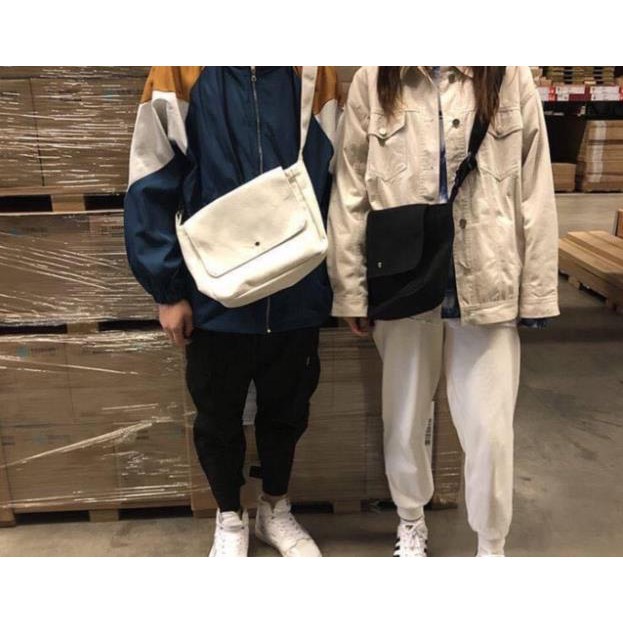 Túi Vải Nắp Lệch Đeo Chéo Nút Đồng, Túi Tote Chéo Vải Canvas Dáng Unisex 2 Màu, HOT