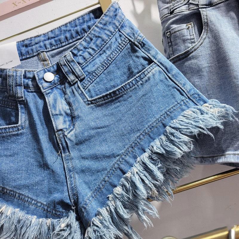 JSC Jiashucheng Quần Short Denim Tua Rua Mỏng Lưng Cao Dáng Chữ A Phong Cách Mới Mùa Hè Cho Nữ