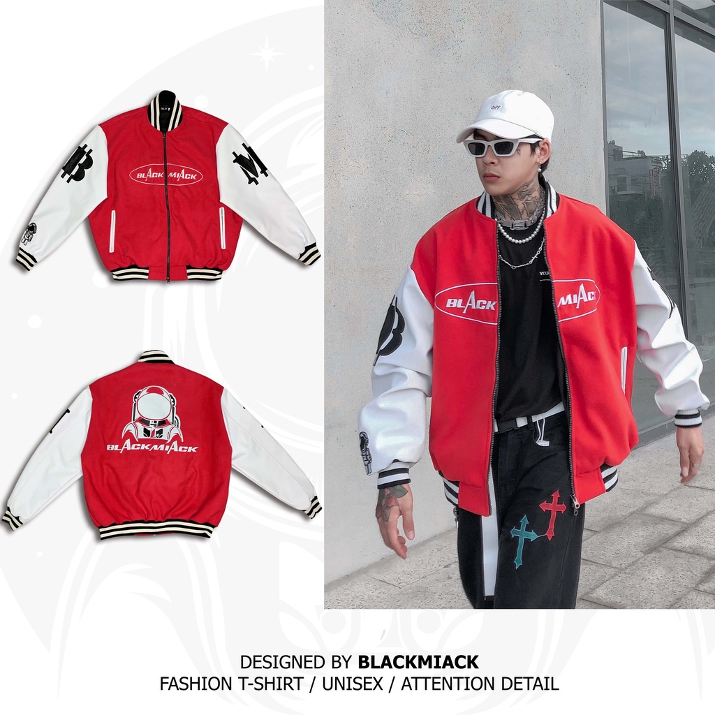 Áo Khoác Varsity Nhung Tăm, tay Da, màu ĐỎ Nam Nữ- BLACKMIACK Varsity Jacket BM1 - Hàng mới về