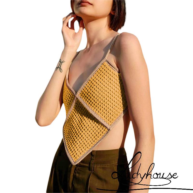 Áo croptop dệt kim hai dây cổ chữ V dáng ôm phối kiểu cách cho nữ