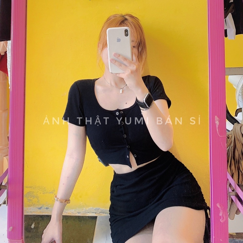 Áo Croptop Tay Ngắn Nút Bấm Chất Gân Co Giãn Ôm Body Siêu Hot 2022 ( ảnh thật ở cuối )