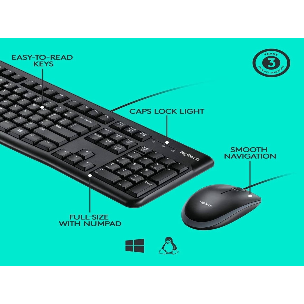 Combo chuột phím có dây Logitech MK120 - Fullsize, có phím số, bền bỉ, chống tràn - Hàng chính hãng