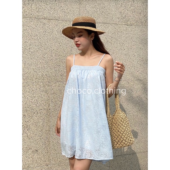 Đầm 2 dây - váy 2 dây nơ lưng dáng xoè đi biển hoạ tiết hoa chìm cao cấp
