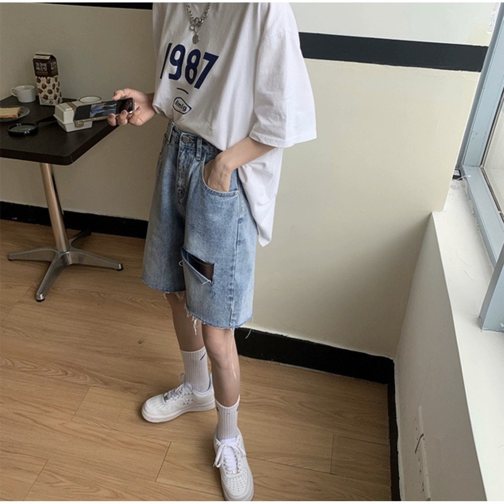 Quần Shorts Jean Ống Rộng Rách Gối Nữ ♥ Quần bò lửng dáng suông khuy cài thiết kế chất ngầu style korea Ulzzang ♥