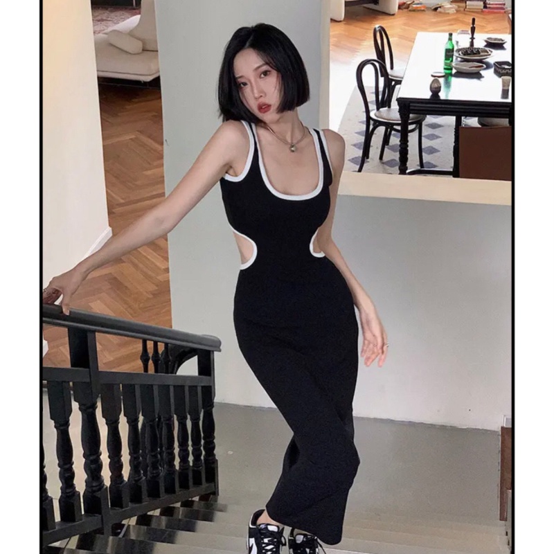 COZOK Đầm Hở Lưng Form Ôm Phối Màu Tương Phản Phong Cách Quyến Rũ