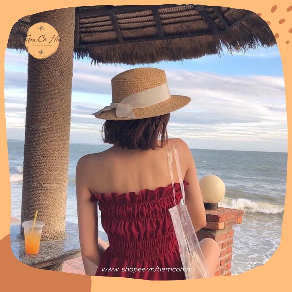 Mũ nón cói tiểu thư chất liệu cói raffia Tiệm Cô Hìn mũ nữ tính phù hợp với các bạn mặt nhỏ thích hợp đi du lịch ship 1h