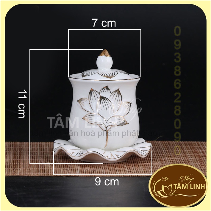 Chung Nước Đại Bi Bạch Ngọc Sen Nổi Bằng Sứ Cao Cấp - Loại 1