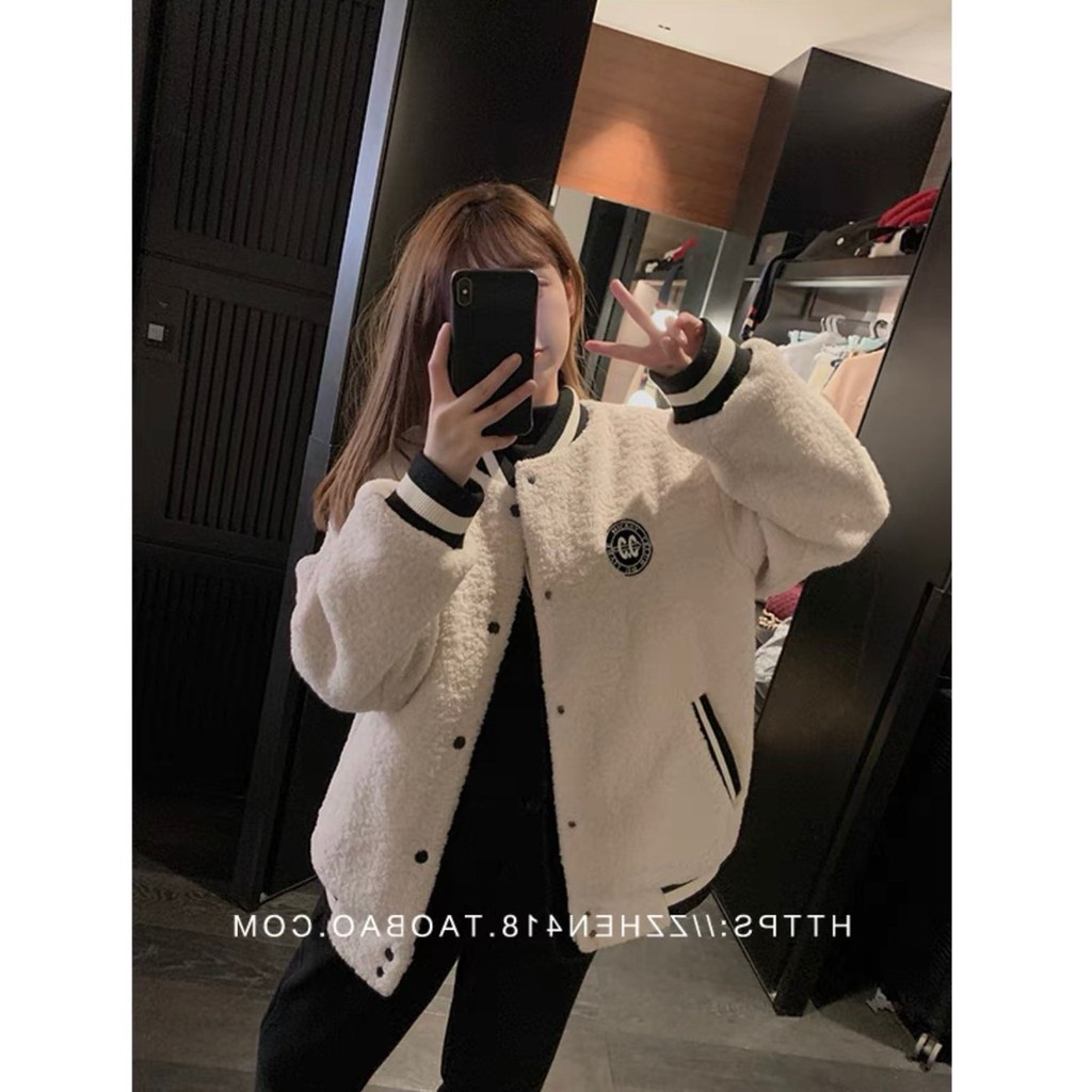 Áo Bomber Lông Cừu Thêu Chữ G G ❤ Áo Khoác Nữ Lông Dày Dặn Không Xù DH