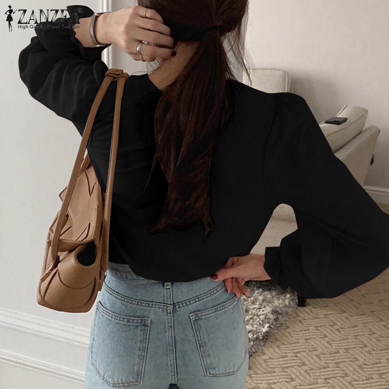 Áo ZANZEA tay dài cổ tròn màu trơn phong cách Hàn Quốc thường ngày dễ phối đồ cho nữ