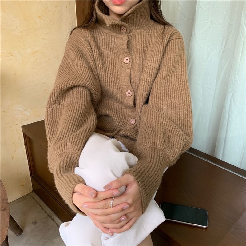 Áo khoác Cardigan dệt kim dày cổ lọ dáng rộng thời trang thu đông cho nữ