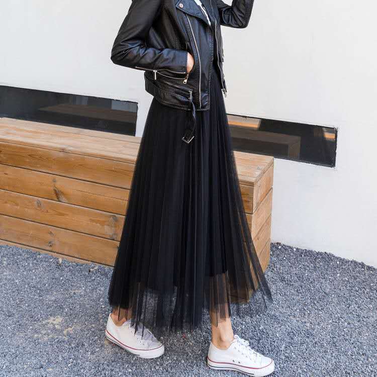 Chân Váy Lưới Dáng Chữ A Dài Lưng Cao Xếp Ly Thời Trang Bốn Mùa Cho Nữ