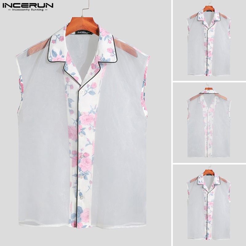 INCERUN Áo Sát Nách Trong Suốt In Hoa Thời Trang Mùa Hè Cho Nam