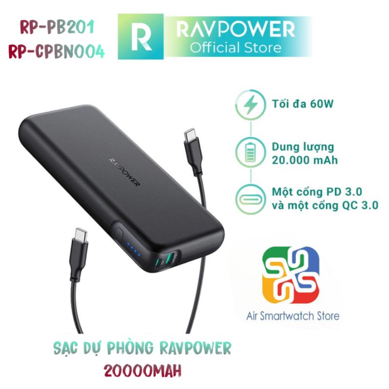 Pin sạc dự phòng RAVPOWER RP-CPBN004 (RP-PB201) Pioneer 20000mAh PD 3.0 60W & QC 3.0 18W