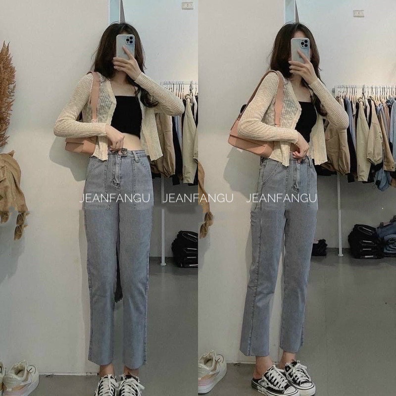 Quần jean ống đứng tua gấu túi trước cá tính cạp cao hách dáng thiết kế mới nhất by JEANFANGU