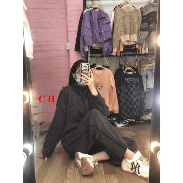 [ẢNH THẬT] Sét bộ thể thao chạy rót thêu nex Chất bo tăm dày dặn - Bộ đồ gồm áo khoác kéo khoá + quần ống rộng form rộng