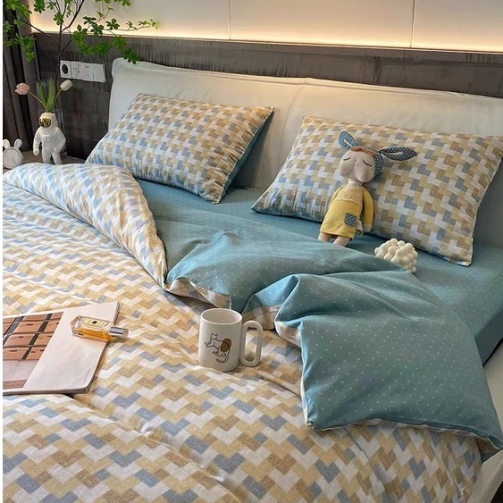 Bộ chăn ga gối cotton organic nhập khẩu kẻ vàng ga xanh Dreamhome