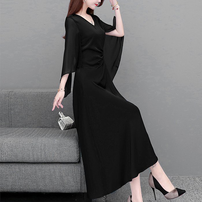 GOTI  Đầm Xòe Dạ Hội Cao Cấp Tay Cánh Tiên Dài Màu Đen Trơn, Đỏ Nhún Eo 3312