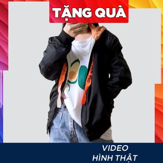 Áo khoác gió có mũ vải dù 2 lớp khóa kéo freesize dưới 52kg phối dây off white màu đen