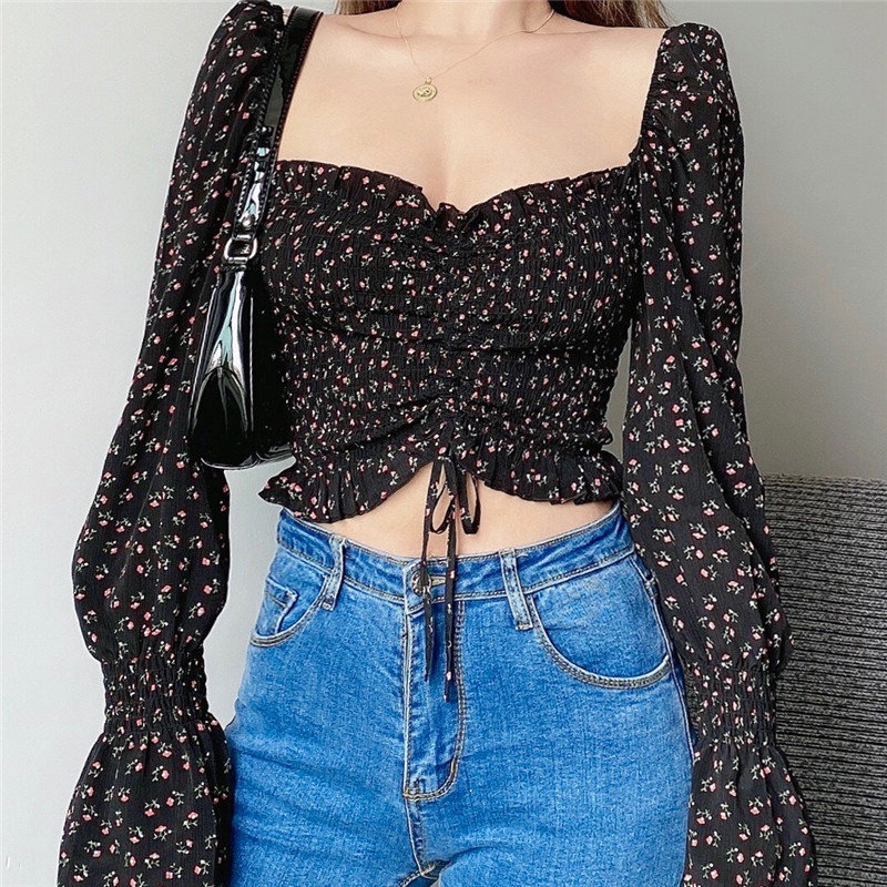 [Mã FAMARAL1 giảm 10K đơn 50K] Áo kiểu nữ, áo nữ hoa nhí đen tay dài đủ size S M L Newtrend SKUA-22