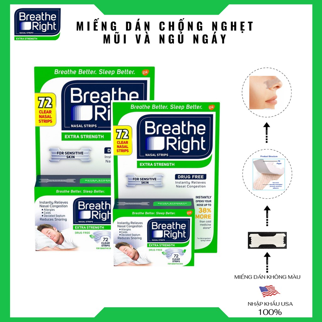 [Nhập Khẩu 100% USA] Miếng dán chống nghẹt mũi, Ngáy khi ngủ,100% Hiệu Quả Tức Thì,Không Màu Thương Hiệu BREATHE RIGHT®