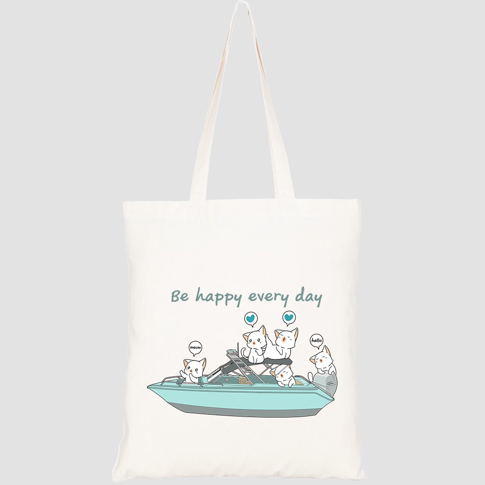 Túi vải tote canvas HTFashion in hình kawaii cats speed boat HT139