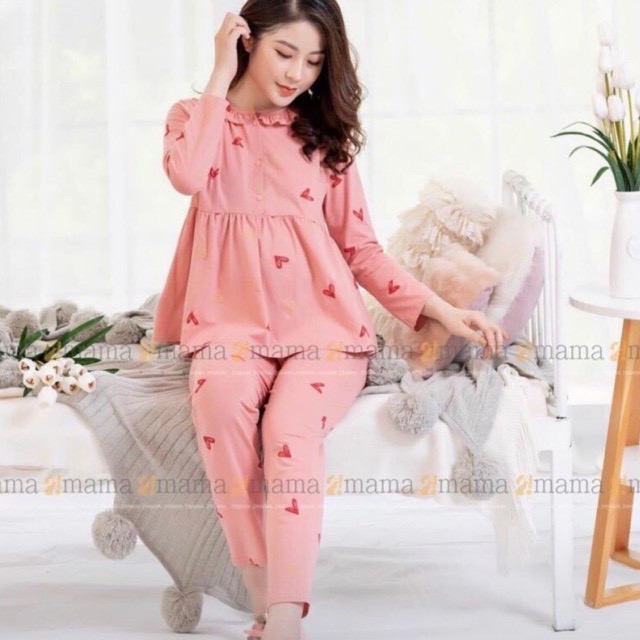 Bộ đồ bầu Tim cổ bèo Dài tay chất cotton cho các mẹ bầu mặc sau sinh, có khoá kéo ti cho con bú BD904