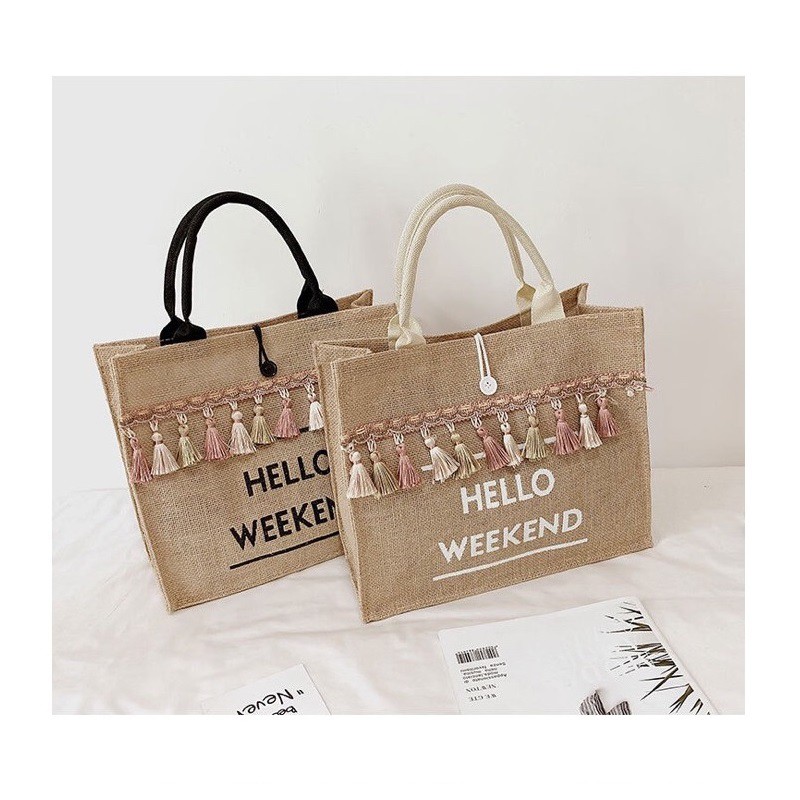 Túi cói vintage size to xách tay đi biển NỮ vải bố Hàn Quốc thời trang giá rẻ Herbagstore HELLO Weekend