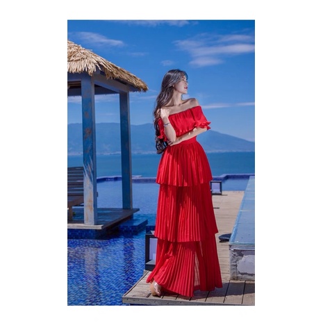 Đầm Bèo Tầng, Váy Maxi Trễ Vai V1333,Chất Lụa Mềm Mát, Màu Đỏ, Tắng, Tuyệt Phẩm Cho Tín Đồ Sống Ảo, Mẫu Hot Nhất Hè 2021