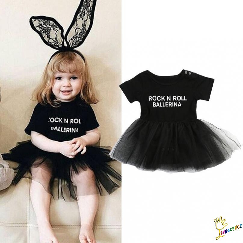 ❤XZQ-Letter Print Infant Baby Girl Tulle Rock N Roll Romper Dress Bodysuit Outfit Set