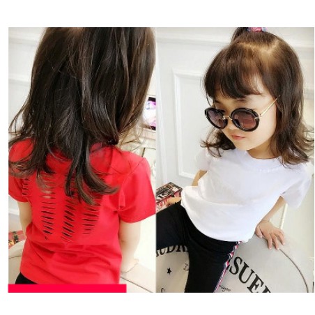 Áo T-shirt cho bé gái, cổ tròn, cộc tay, họa tiết chữ cái, họa tiết dập lỗ