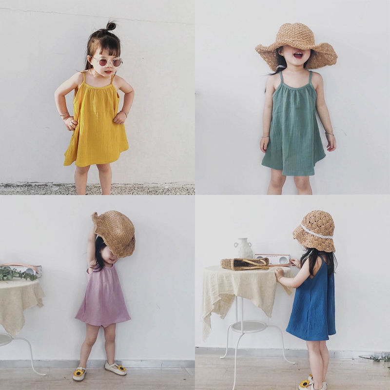 Đầm Hai Dây 100% Cotton Phối Bèo Xinh Xắn Cho Bé Gái 1-5 Tuổi