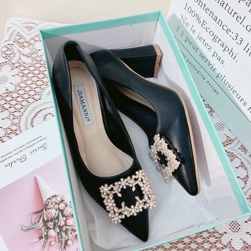 Giày cao gót nữ bít mũi hoa đá, giày cao gót mũi nhọn hoa đá 7cm mã H168