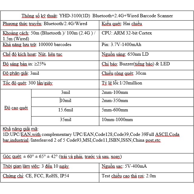 Máy quét mã vạch Bluetooth YHD 3100 1D - Súng bắn mã vạch không dây - Đầu đọc Barcode dùng trên Điện thoại, Máy tính