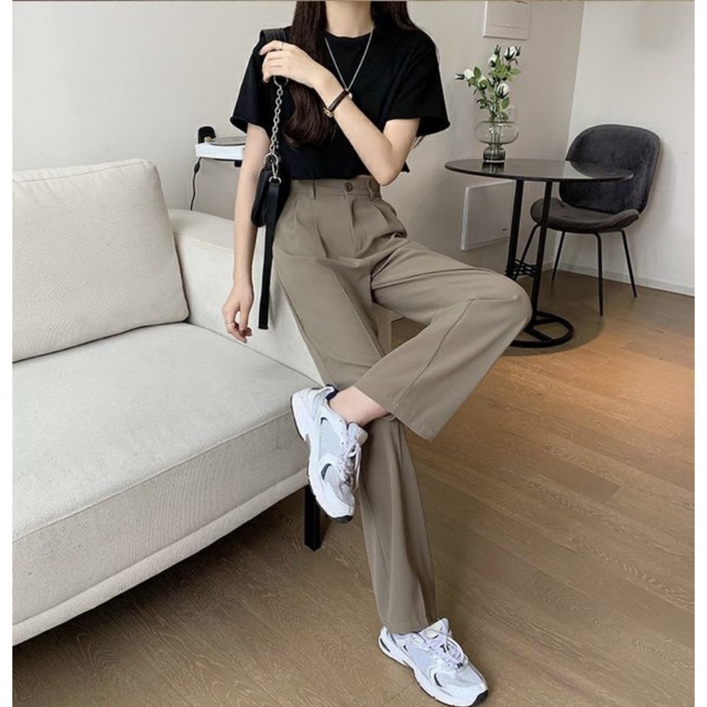 Quần Âu Nữ Ống Rộng, Lưng cao Dáng suông, Ống Suông Khuy Khóa Giữa, Form rộng Ống đứng Màu trơn Ulzzang Hàn Quốc | BigBuy360 - bigbuy360.vn