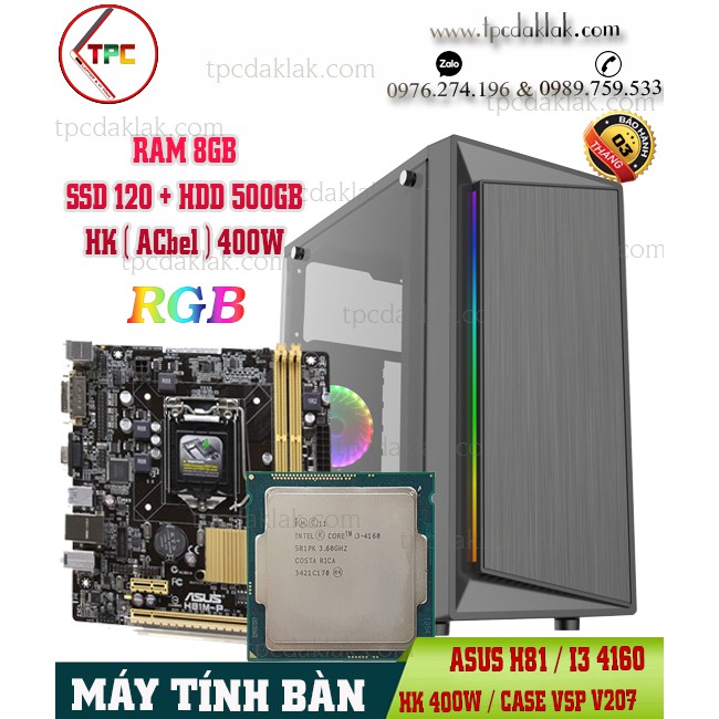 Máy Tính Bàn | Manboard Asus H81, Core I3 4160, Ram 8GB, SSD 120, VGA 2GB (  CASE VSP V207 )