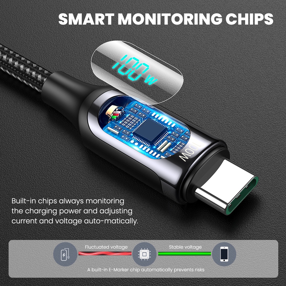 100W Cáp Sạc Nhanh PD 4.0 Type-C Với Màn Hình Kỹ Thuật Số Dành Cho Điện Thoại Xiaomi Huawei Samsung