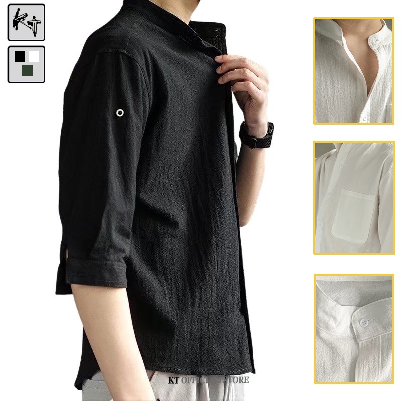 Áo sơ mi KT Kc102 bằng cotton lanh tay ngắn dáng rộng màu trơn phong cách Hàn Quốc cho nam size Size M-3XL
