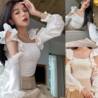 Áo kiểu cổ vuông tay nhún bèo phong cách thời trang Pháp dành cho nữ