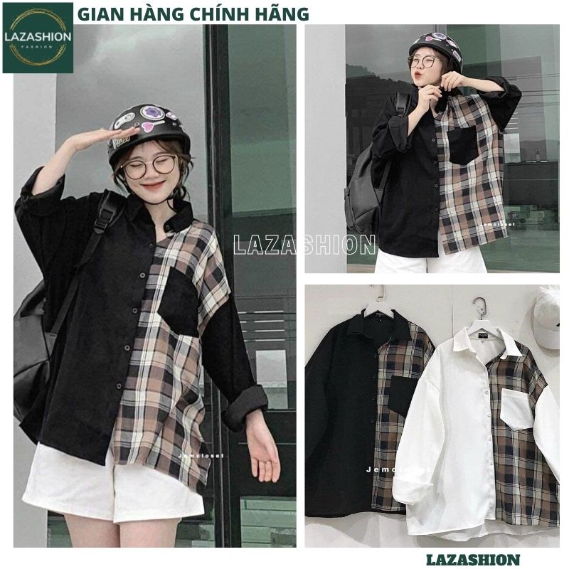 Áo sơ mi nữ phối kẻ caro túi hộp kiểu dáng hàn quốc form to rộng unisex ulzzang -HER-1989