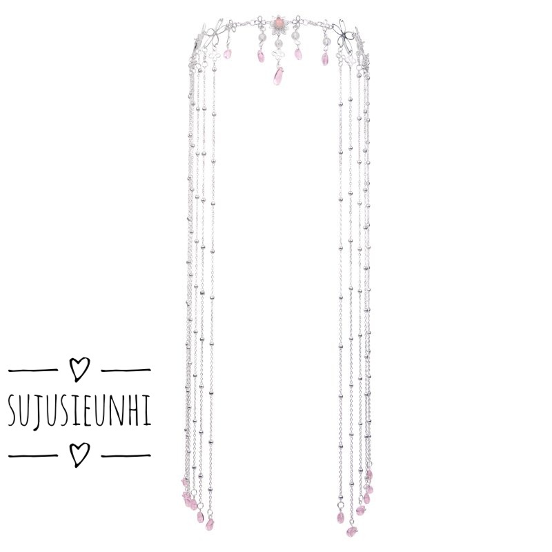 (Có video) Rèm che mặt cổ phong hình hoa và giọt nước hồng tua rua thả dài trang trí trán/ mạng che mặt cổ trang