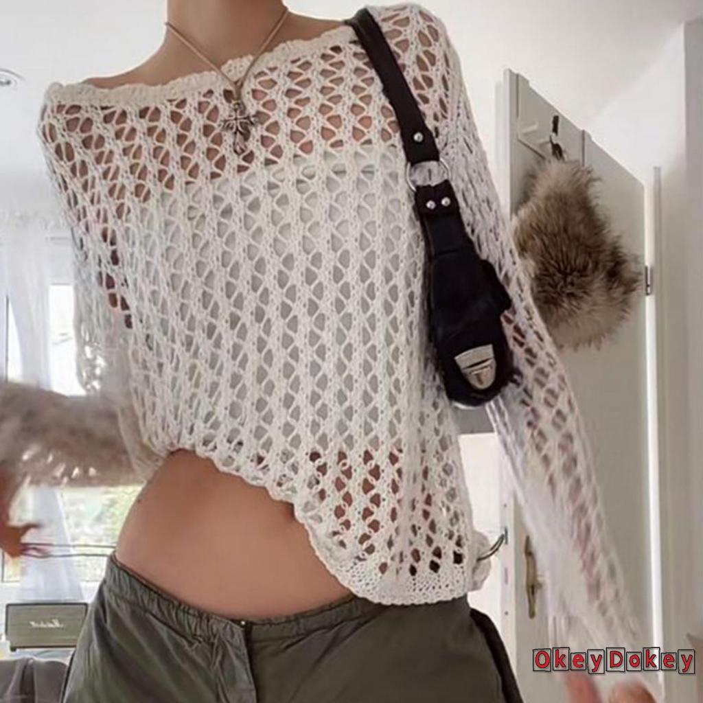 Áo Dệt Kim Chui Đầu Tay Dài Khoét Lỗ Phong Cách Harajuku Cổ Điển Thời Trang Cho Nữ Y2K