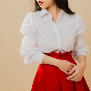 KIOBI – Áo sơ mi Phoebe form suông cơ bản, chi tiết tay phồng 2 tầng kiểu puffy, vải kate silk trắng - KIA19111T