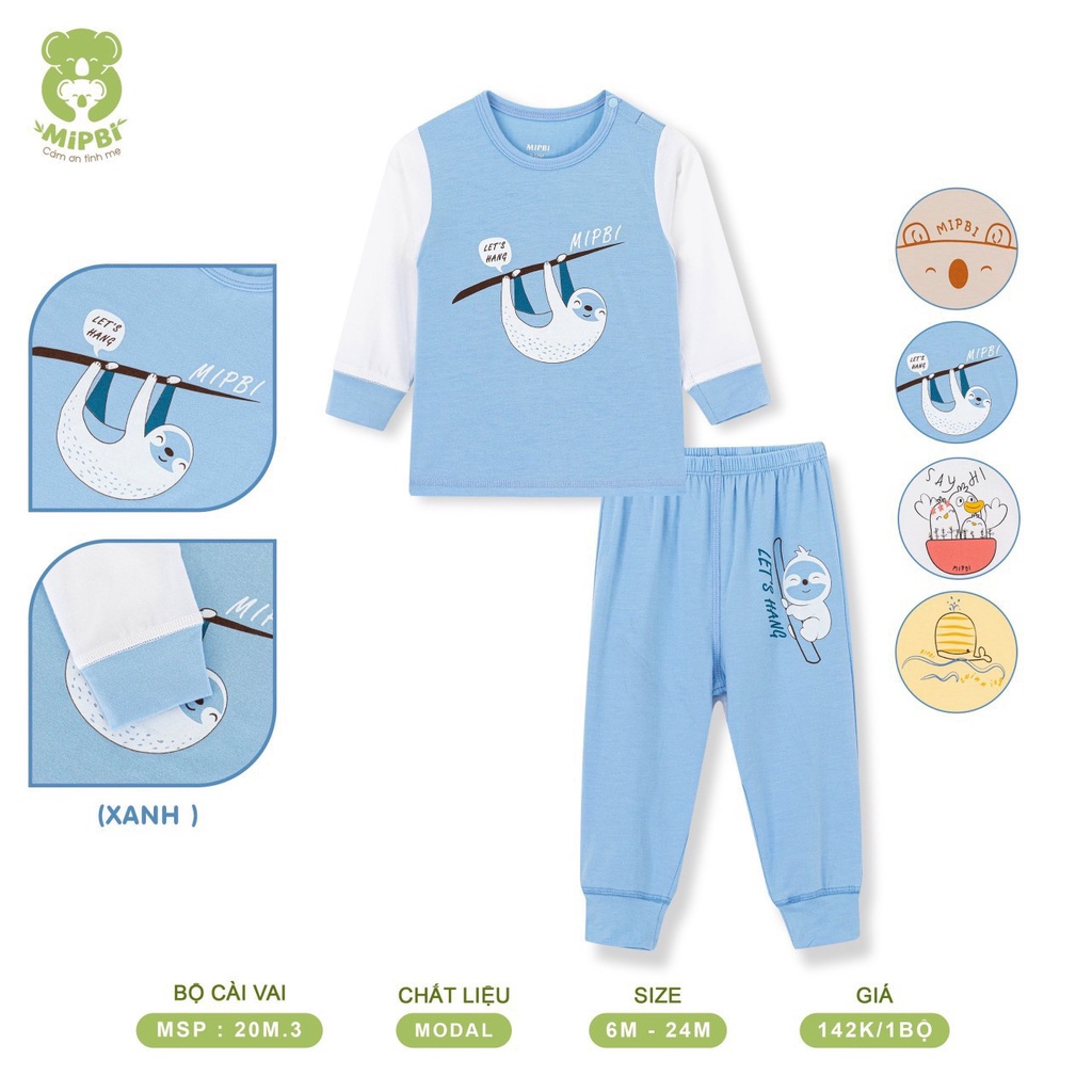 MIPBI Bộ quần áo dài tay cài vai chất vải gỗ sồi, form rộng cho bé hàng Chính hãng