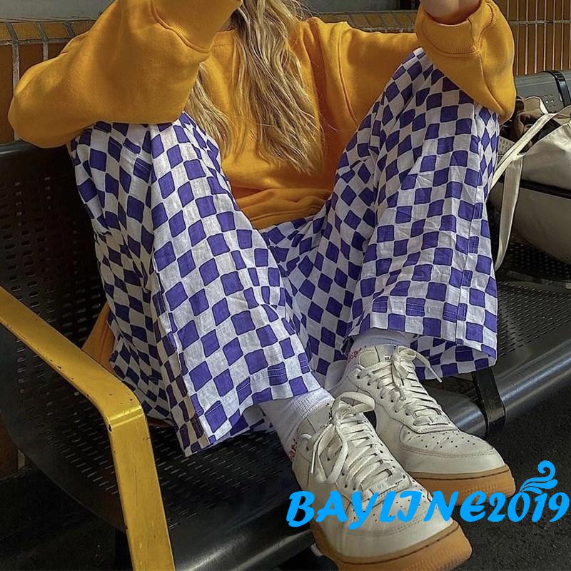 Quần Dài Nữ Ống Rộng Lưng Cao Họa Tiết Caro Thời Trang