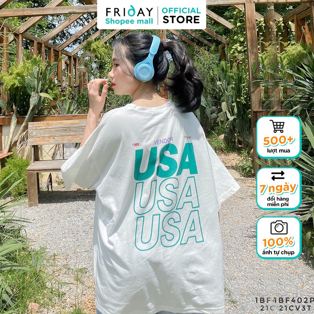 Áo phông nữ cotton oversized Friday 1CC901P họa tiết chữ USA