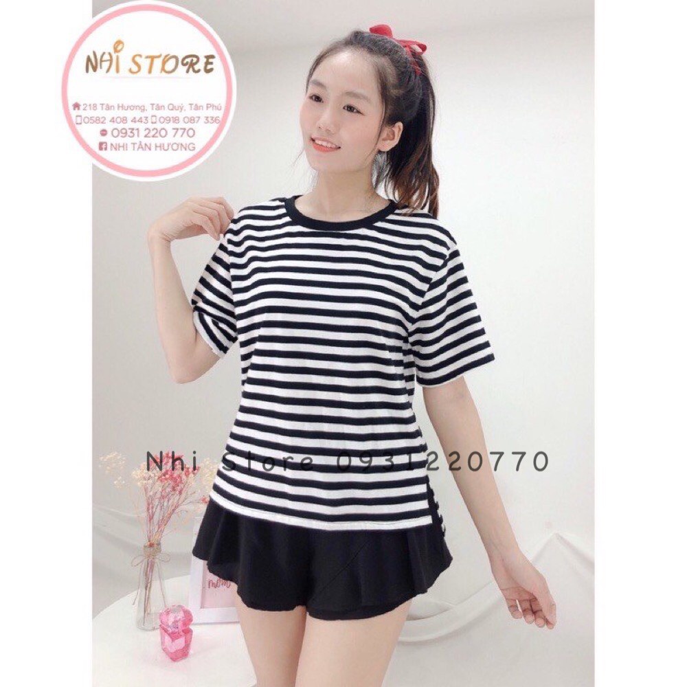 [FREESHIP 50K] [ẢNH THẬT +VIDEO THẬT ] [GIÁ SỐC ] ÁO THUN CỔ TRÒN NỮ NHISTORE  SỌC TRẮNG ĐEN  FORM RỘNG DƯỚI 60KG