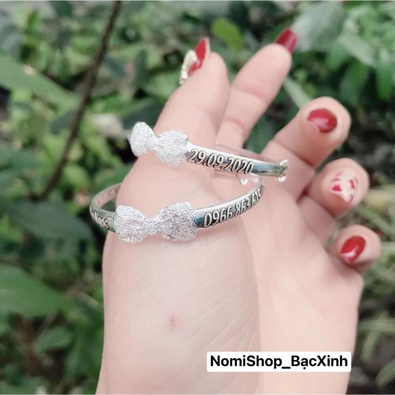 Vòng nơ cát chuẩn bạc ta khắc tên cho bé gái, vòng co dãn điều chỉnh theo size tay Mainomi Shop Bạc Xinh