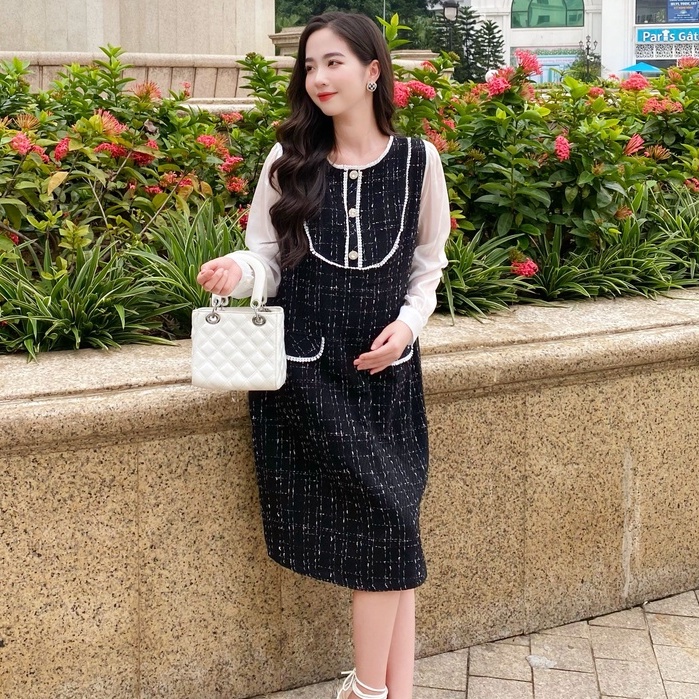 MEDYLA - Đầm bầu dự tiệc thu đông thiết kế 2 lớp dạ tweed lót lụa cho bầu đi chơi du lịch dự tiệc - VS1090