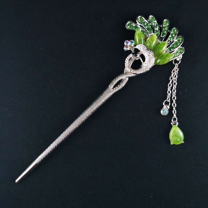 Trâm cài tóc đính hạt họa tiết chim công tua rua vintage