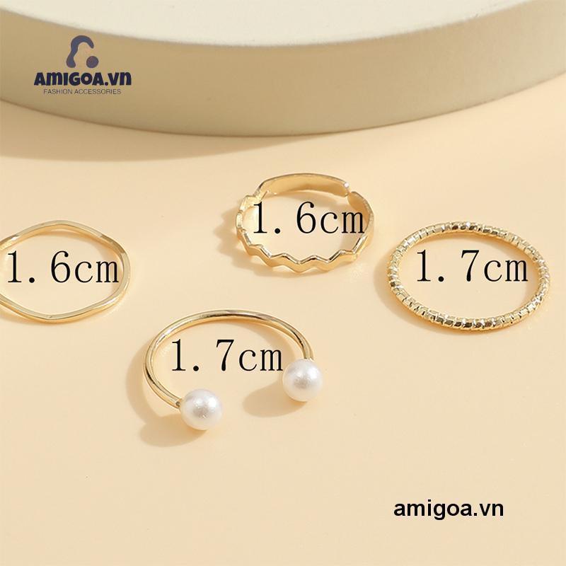 ✨✨Bộ 4 nhẫn đeo tay đính hạt ngọc trai kiểu dáng đơn giản phong cách Hàn Quốc
